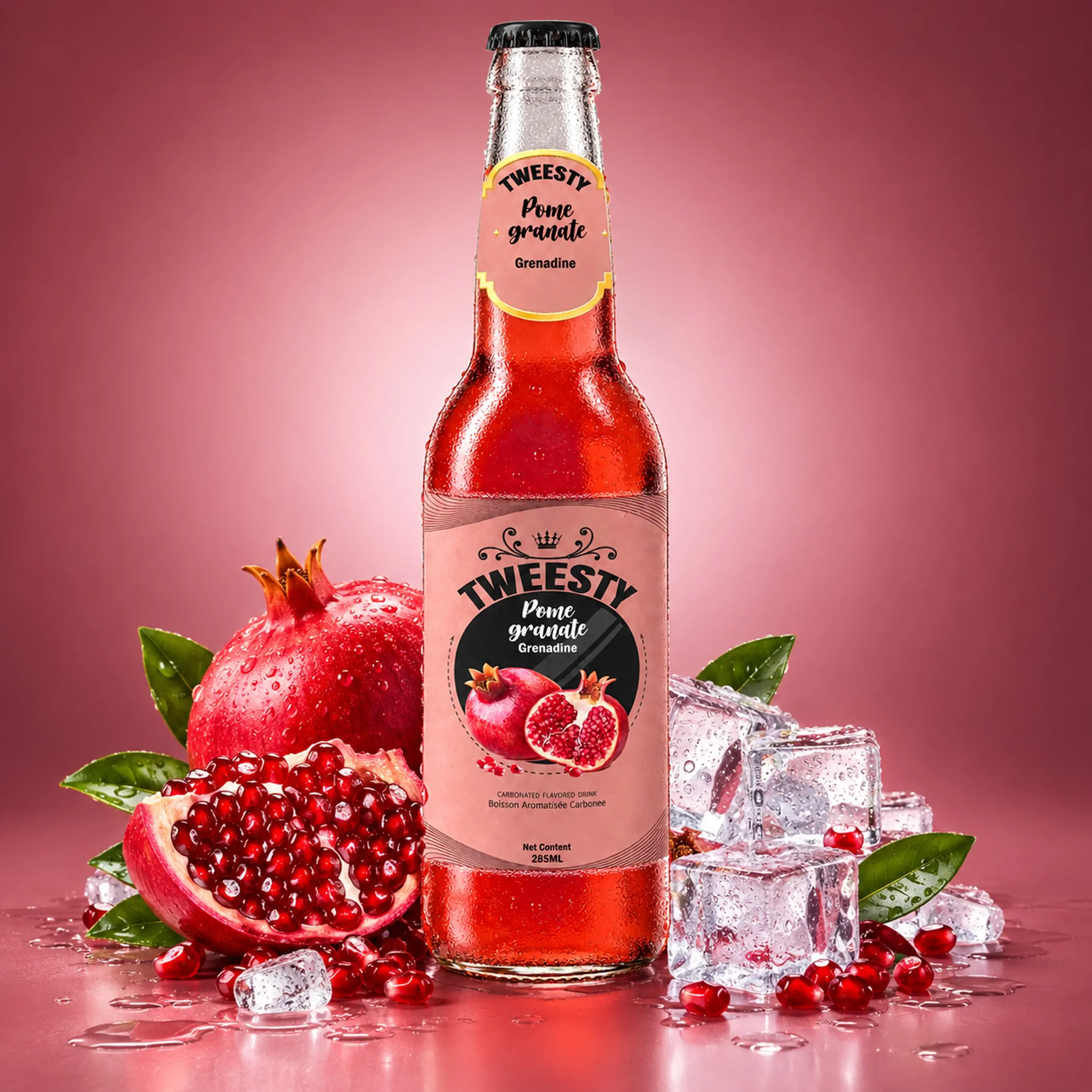 TWEESTY Pomegranate carbonated flavoured drink 285ml glass bottle with pomegranate and ice